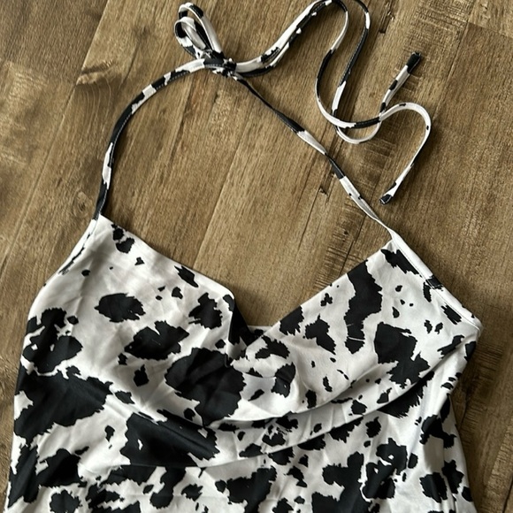 Nasty Gal US 8 satin halter cowl neck backless black white cow print mini dress - Picture 2 of 7